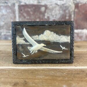 Vintage Incolay Belt Buckle Carved Stone Birds Sky Coastal 1970s Brass
